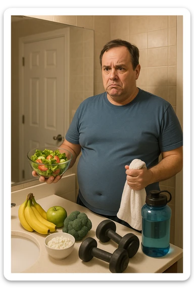 a middle-aged man stands in front of a bathroom mirror, looking at his reflection with a puzzled and slightly frustrated expression. He holds a salad bowl in one hand and a gym towel in the other, surrounded by healthy food and workout gear, yet his body remains overweight. The background is a typical home bathroom, softly lit, emphasizing confusion and self-reflection. sticker