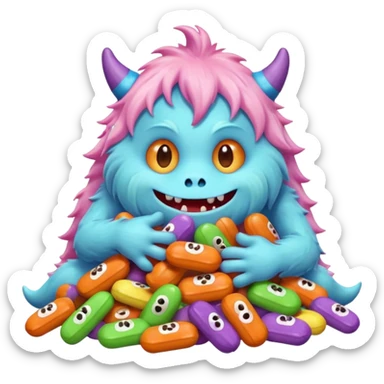 Candy Monster – a tiny pastel-colored monster hugging a pile of Halloween candy.  sticker