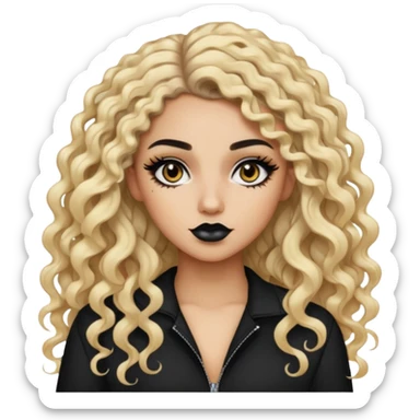split dye leftside blonde rightside black-brown hair, baddie, pretty makeup, black eyeliner, long curly hair sticker