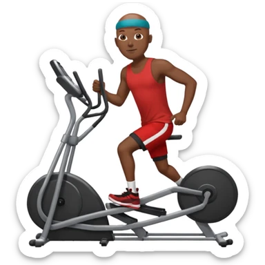 dark skin bald African American man on elliptical machine with red tank shirt and black shorts sticker