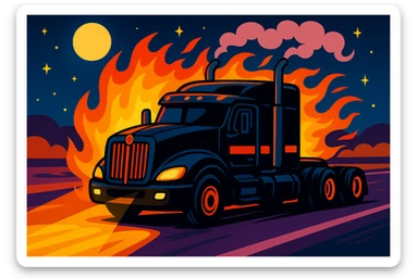 Add a dramatic cartoon fireball behind the black Kenworth T680 Flat Top semi sleeper cruising on the highway at night, keeping the playful cartoon style and smoke from the stacks. sticker