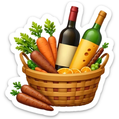 a basket with carrots, wine bottle, sausages, and cheese, all items peeking out, emoji style sticker