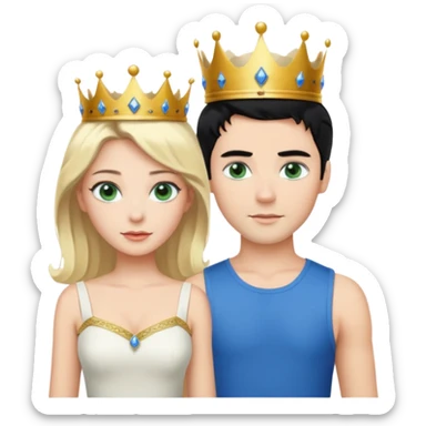 Prince with crown, black hair, body, legst, blue eyes, woman blonde hair, green eyes, sexy white short sleveless dress,  sticker