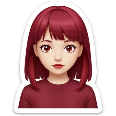 beautiful girl with dark maroon and red medium hair, straight bangs and red bando, red eyes, brown long tshirt, white skin sticker