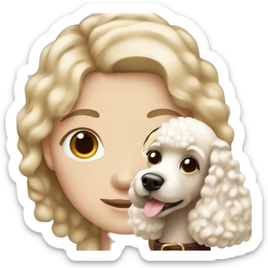 Blonde girl with blue eyes holding poodle with chocolate brown and white hair sticker