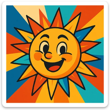 A sun depicted in a vibrant, colorful style with exaggerated features, giving it a lively and energetic appearance sticker