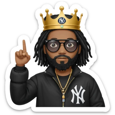 African American man with shoulder length black dreadlocks with black beard wearing black sunglasses wearing Crown on his head wearing a black bubble m New York Yankees logo winter coat pointing at himself sticker