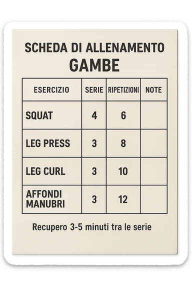 scheda di allenamento gambe in italiano che segna 3-5 minuti di recupero tra le serie, vista dall'alto, iperrealistica 4k sticker