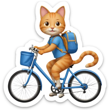 A cat is riding a bicycle and wearing a backpack. sticker