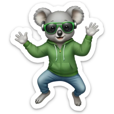 anthropomorphised koala, full body, wearing a hoodie and jeans, dark sunglasses, headphones, dressed for St. Patrick's Day, jumping in a different pose sticker