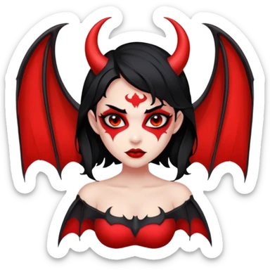 Demon girl: red skin, black hair, small horns, bat wing; tattoo-flash comic style; red/black palette; bold outlines; dark background; no text. sticker