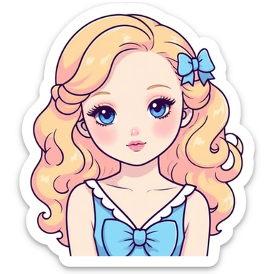 a girl with a very pale face, blue eyes, long blonde hair, curly, thin, with a white bow and in a blue dress, coquette, with shiny eyeshadow, with pink blush, dyed eyelashes and peach lipstick sticker