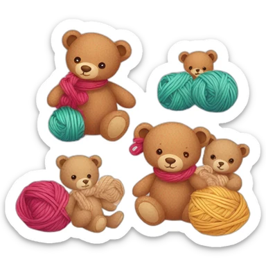 An illustration of a set of teddy bears and knitting yarn. A hand-drawn drawing. Vector illustration. Cartoon illustration, children's - sticker