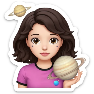 I want to design a girl with wavy hair that is dark brown, close to black And you wear a T-shirt Its color above the neck and sleeves is black The bottom is white, with a star and the planet Saturn on it Her eyes are also dark brown, and her cheeks are pink sticker