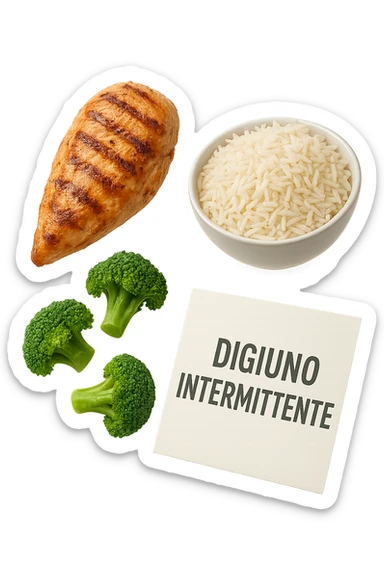 petto di pollo grigliato, bowl di riso basmati e broccoletti fluttuano in aria insieme ad un foglio con la scritta "DIGIUNO INTERMITTENTE", iperrealistico 4k sticker
