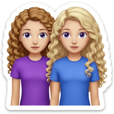 Twin sisters, one has brown eyes, long curly brown hair, the other one has blue eyes and straight blond hair purple top sticker