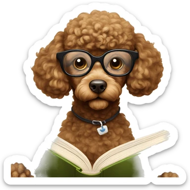 Brown poodle with wire rim glasses reading a book sticker
