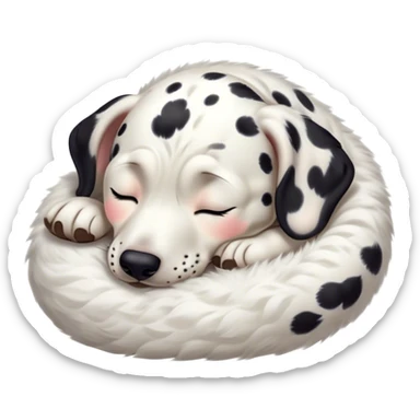 Meme-Worthy Cute Sleeping Spotted Dalmatian Portrait Emoji, Head resting peacefully with a contented smile, showcasing a delightfully majestic build and a luxuriously soft Fur of predominantly white with bold black patches, eyes shut in a serene nap, Simplified yet hilariously adorable features, highly detailed, glowing with a soft, drowsy light, high shine, relaxed and utterly lovable, stylized with an air of playful laziness, bright and heartwarming, soft glowing outline, capturing the essence of a comically sleepy guardian, so meme-worthy it feels like it could instantly become the next viral sensation of adorable slumber! sticker