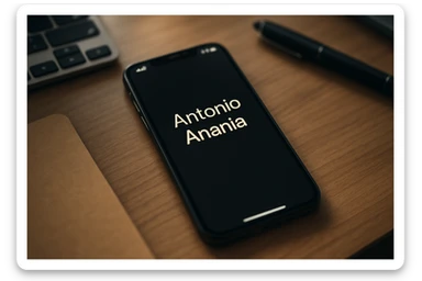A photo of an iPhone with the message "Antonio Anania" on its screen, The phone sits atop a desk with a blurred background that suggests work environment. A faint glow from above casts gentle shadows across the surface of each object, creating depth and highlighting their textures. sticker