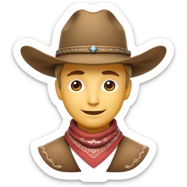 Clash of Clans aesthetic: Beautiful and Majestic Cowboy Portrait Emoji, Rendered in serene confidence with a gentle, enigmatic smile and a regal wide-brimmed hat, showcasing a distinguished, weathered build with a timeless bandana and soft, wise eyes in natural skin tone, Simplified yet exquisitely endearing features, highly detailed, glowing with a soft, majestic western light, high shine, calm and heroic, stylized with an air of legendary frontier elegance, soft glowing outline, capturing the essence of a majestic cowboy whose noble spirit inspires epic journeys! sticker