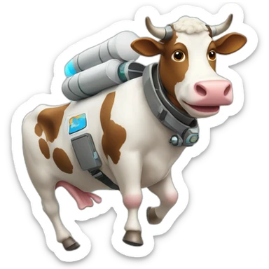 cow with udder flying to space while wearing a jetpack sticker