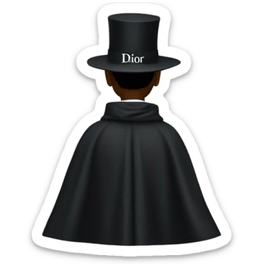 back profile of black magician, cape that says Dior, text Dior sticker