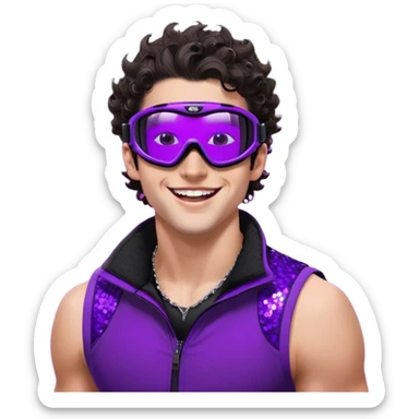 close-up of cool guy male athlete with white skin and moderately curly dark brown hair on top with shaved sides, wearing ski goggles with purple frames and very dark black lenses, winking behind the goggles, with an open mouth confident smile like a cool guy, a simple plain black chain necklace, and a completely unzipped sleeveless vest with purple and black sequin fire pattern design with no logo sticker