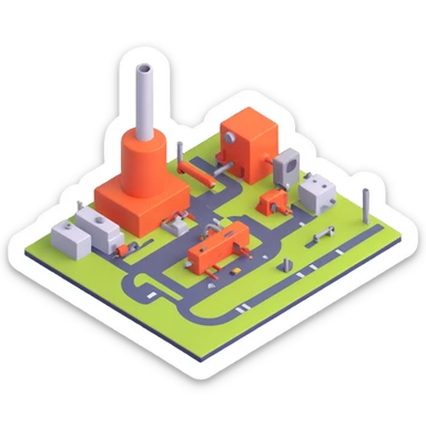 Mass Production illustrating a minimalist factory icon or simplified production line with a polished look. sticker