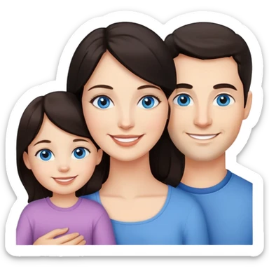 a mother with dark hair and blue eyes with her daughter and her husband sticker