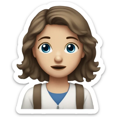 A girl with brown hair, blue eyes, and freckles, tired of studying sticker