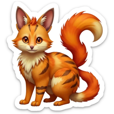 Hyper realistic volcanic fiery flammable beautiful elegant pretty precious cute  Fakémon-Pokémon-opossum-feline-serval-caracal-chinchilla-Furret-Minccino-hybrid-creature with a big fluffy bushy tail (full body) sticker