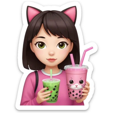 Pale asian girl with cat eyes big pupils with dark brown hair side bangs t the left and layered hair towards the inside with pink bow on hair and pink outfit holding a watermelon bubble tea sticker