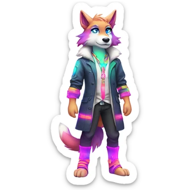 Anthro Colorful Shiny Fionbri-Falvie-sparkle-wolf-sona with neon markings full body sticker
