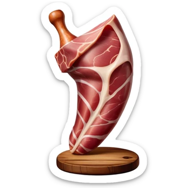 ​Cinematic Realistic Spanish Jamón Leg, depicted as a massive, cured leg of Jamón serrano with a deep reddish-brown hue, intricately marbled and slightly glossy with age, elegantly displayed on a rustic wooden stand and bathed in warm, soft lighting that accentuates its artisanal heritage, sticker