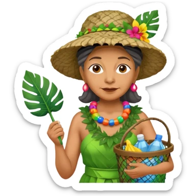 Hawaiian old woman with leaf hat and big trash net and colorful cloth sticker