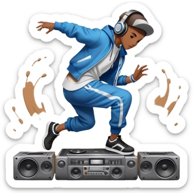 Icon for Street Dance: a dancer in urban streetwear performing a dynamic lower breakdance move, with a spray-painted background, headphones, and a boombox on the asphalt. The icon should capture the energy, style, and creativity of street dance culture. Transparent background. sticker