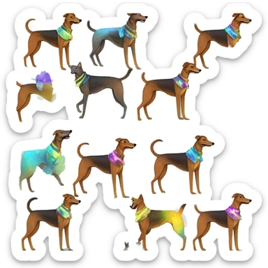  brindle brown black maroon gold lurcher Alsatian fox running blue eyes and iridescent holographic oilslick harness wearing paper iridescent tropical flower crown yellow caution tape sticker