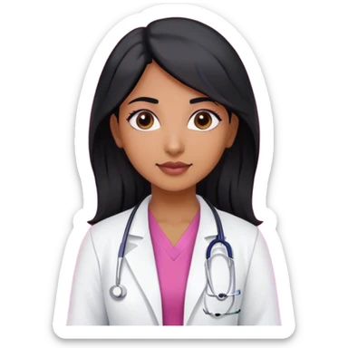 A indian female doctor with black hair wearing white lab coat over dark pink scrubs  sticker