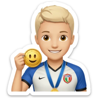 Happy light soccer player with a first-place medal
 sticker