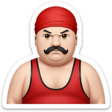 Extreme close-up of face of morbidly obese white skin guy with young face, prominent BLACK DURAG tied clearly on head, distinct black beard and mustache, black eyes in a red and black wrestling singlet with angry expression sticker