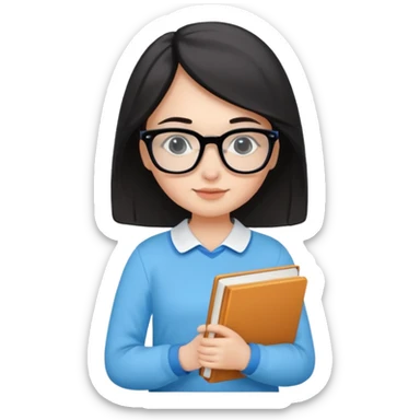 cute girl, glass, smart, Sky-blue colored clothing,
holding a book in one arm and a pen in the other hand.Holding a pen in the right hand as if teaching.Wearing black glasses, with a smart and bright-looking face. sticker