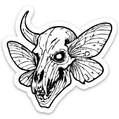 detailed red line art of nightmarish minotaur-stoat hybrid skull with fractured horn and sinister glowing eye, detailed deteriorating moth wings, extensive weathering with deliberately missing pieces, scratched surfaces, and worn edges, twisted asymmetrical features, complex textures, some hollow/transparent sections, 100% red horror imagery sticker