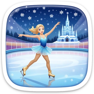 An icon featuring a shimmering rink, colorful spotlights, snowflakes gently falling from the sky, and an audience in the stands, with a snowy landscape visible through large windows with a graceful figure skater performing a spin on a sparkling ice rink. Transparent background. sticker