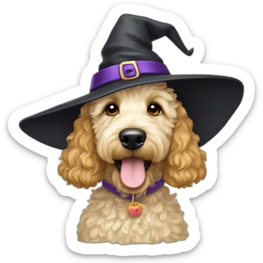 Short haired wavy blonde golden doodle with a witch hat on sticker