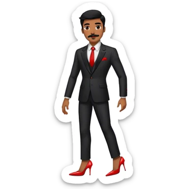 Man in a black suit suit and red strappy high heels with black hair and black mustache and brown skin sticker
