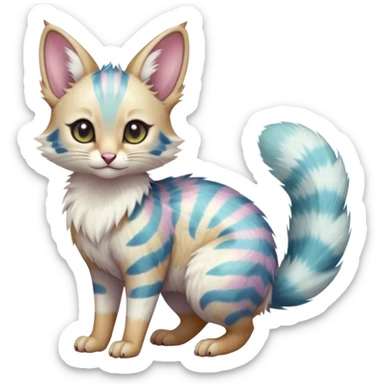  cute adorable whitish pastel fur with random colorful markings iridescent beautiful elegant pretty precious cute  Fakémon-Pokémon-alien-opossum-feline-serval-caracal-chinchilla-Minccino-hybrid-creature with a big fluffy bushy striped tail (full body) sticker