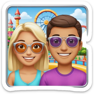 a photo in a silver frame, of 2 friends in a theme park sticker