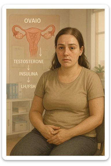 Donna tra i 25 e i 35 anni, con espressione stanca ma determinata, seduta in uno studio medico o nella sua stanza, con mani sul basso ventre. Sullo sfondo un diagramma trasparente o fluttuante di ovaie con cisti multiple, ormoni stilizzati in disequilibrio (testosterone, insulina, LH/FSH). Leggeri segni visivi di sintomi tipici: acne sul viso, lieve aumento di peso, capelli leggermente diradati in zona frontale. Ambiente realistico ma con elementi educativi e simbolici. Toni tenui ma caldi, stile empatico e informativo. in italiano sticker