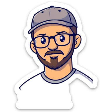 adventurer with goatee beard (no beard on cheeks), short hair, glasses and backwards baseball cap sticker