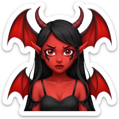 demon girl, skin red , black long hair, small horns, bat wing, black open-back dress, bold black outlines sticker